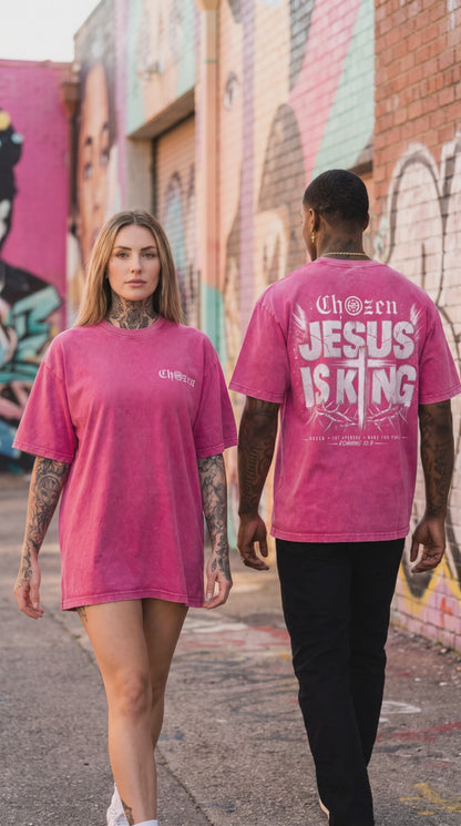 PRE-ORDER ONLY - JESUS IS KING Acid Wash Unisex T-Shirt – Black & Pink